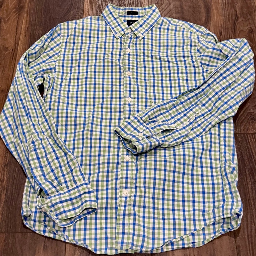 J. Crew Men’s Blue and Green Plaid Casual Slim Button Down Shirt